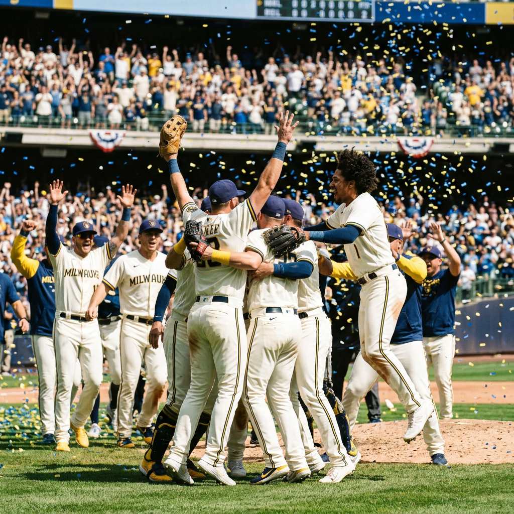 Milwaukee baseball players celebrating together amid falling confetti