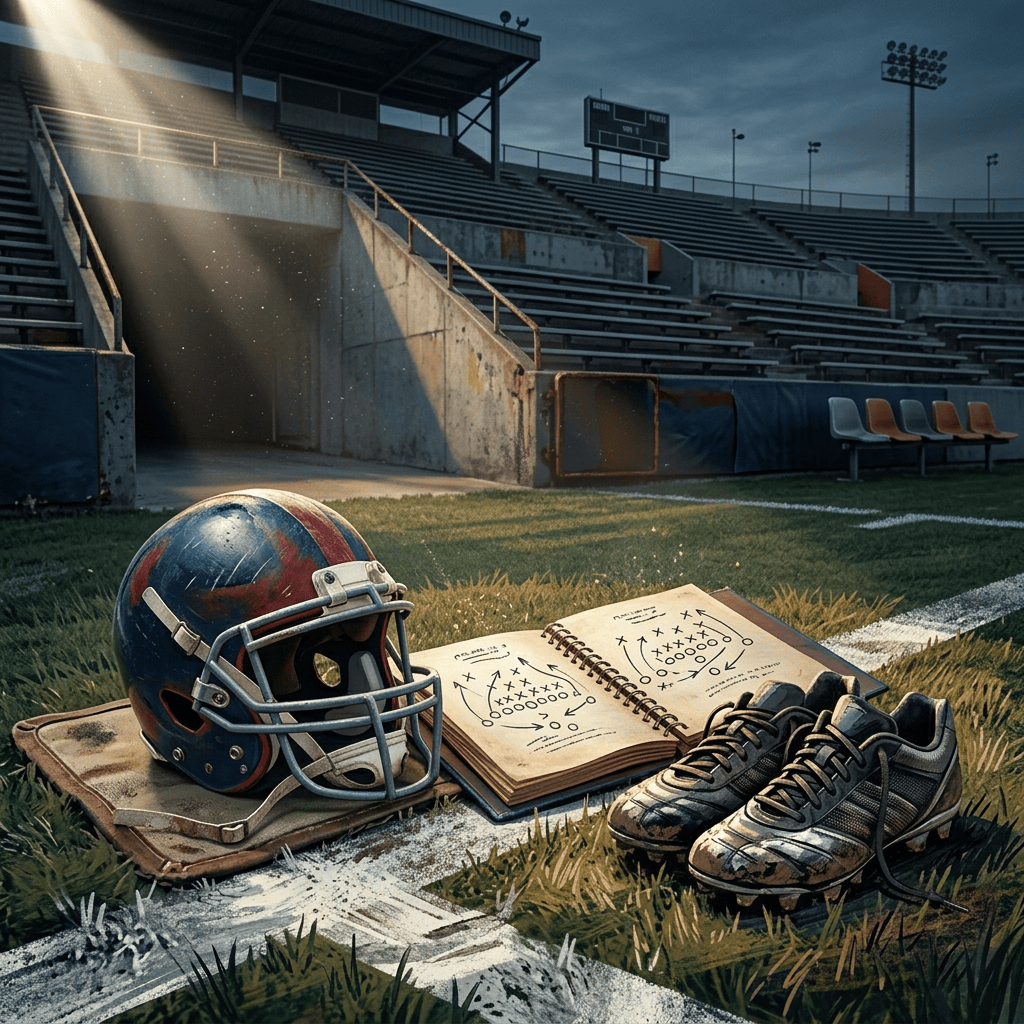 Football helmet, cleats, and playbook on a stadium field