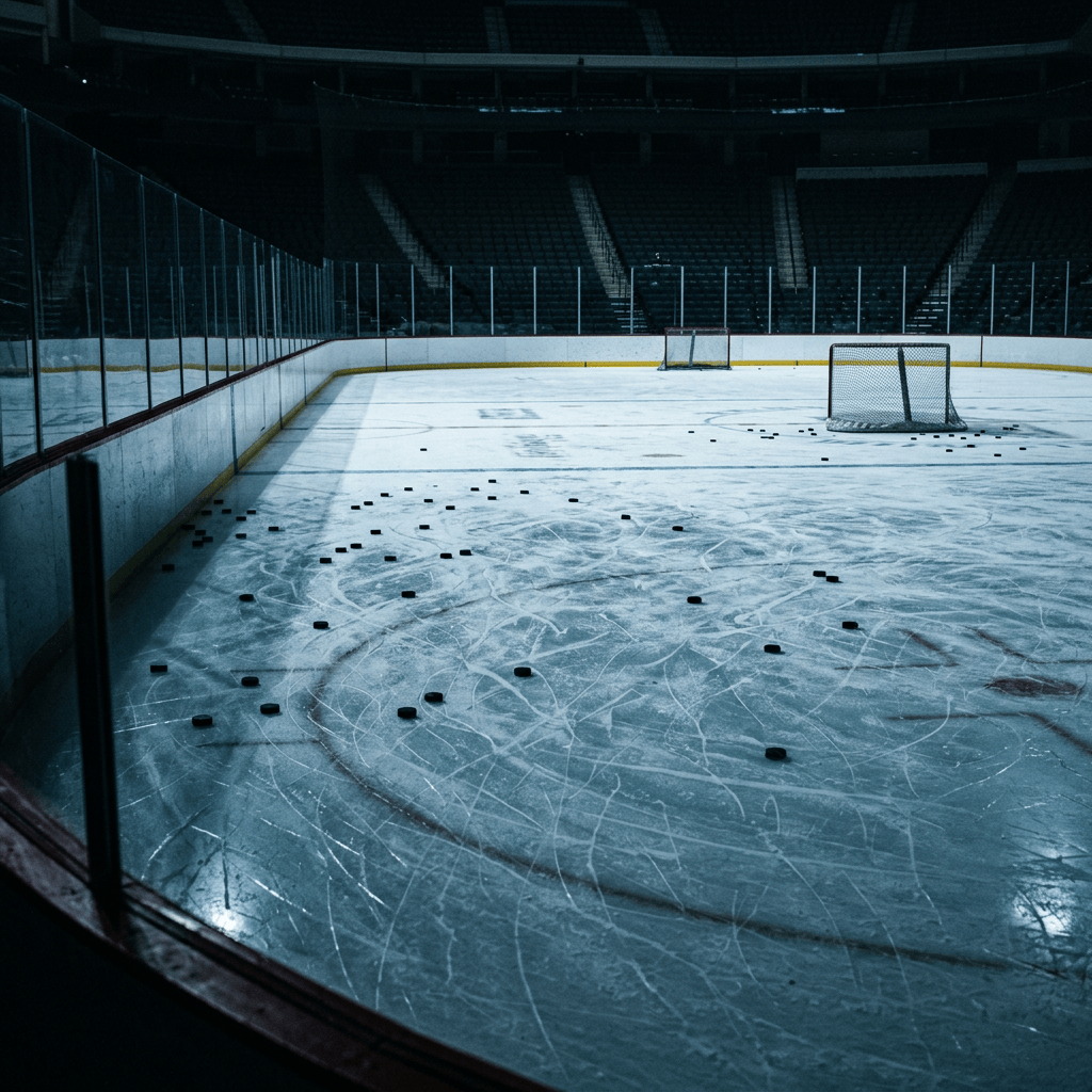 Empty hockey rink with two goals and scattered pucks