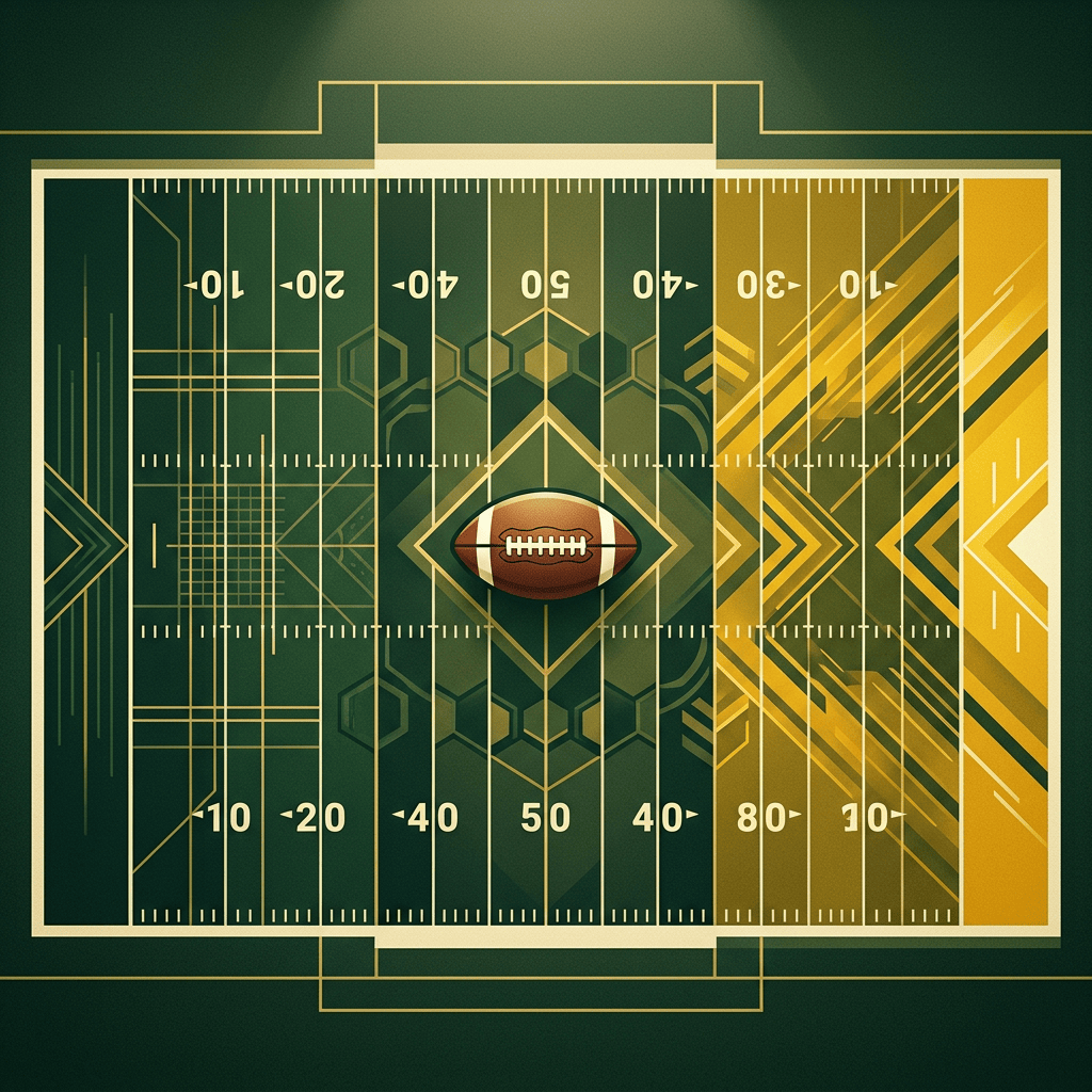 Stylized green and gold football field with football at midfield and yard numbers