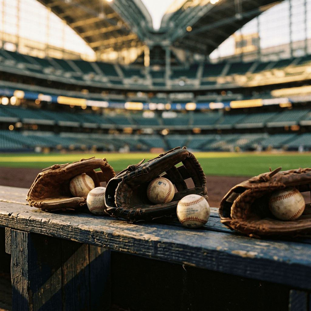 Three baseball gloves and several baseballs on a dugout bench