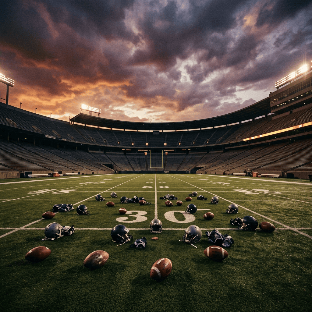 Football helmets and balls scattered on an empty stadium field