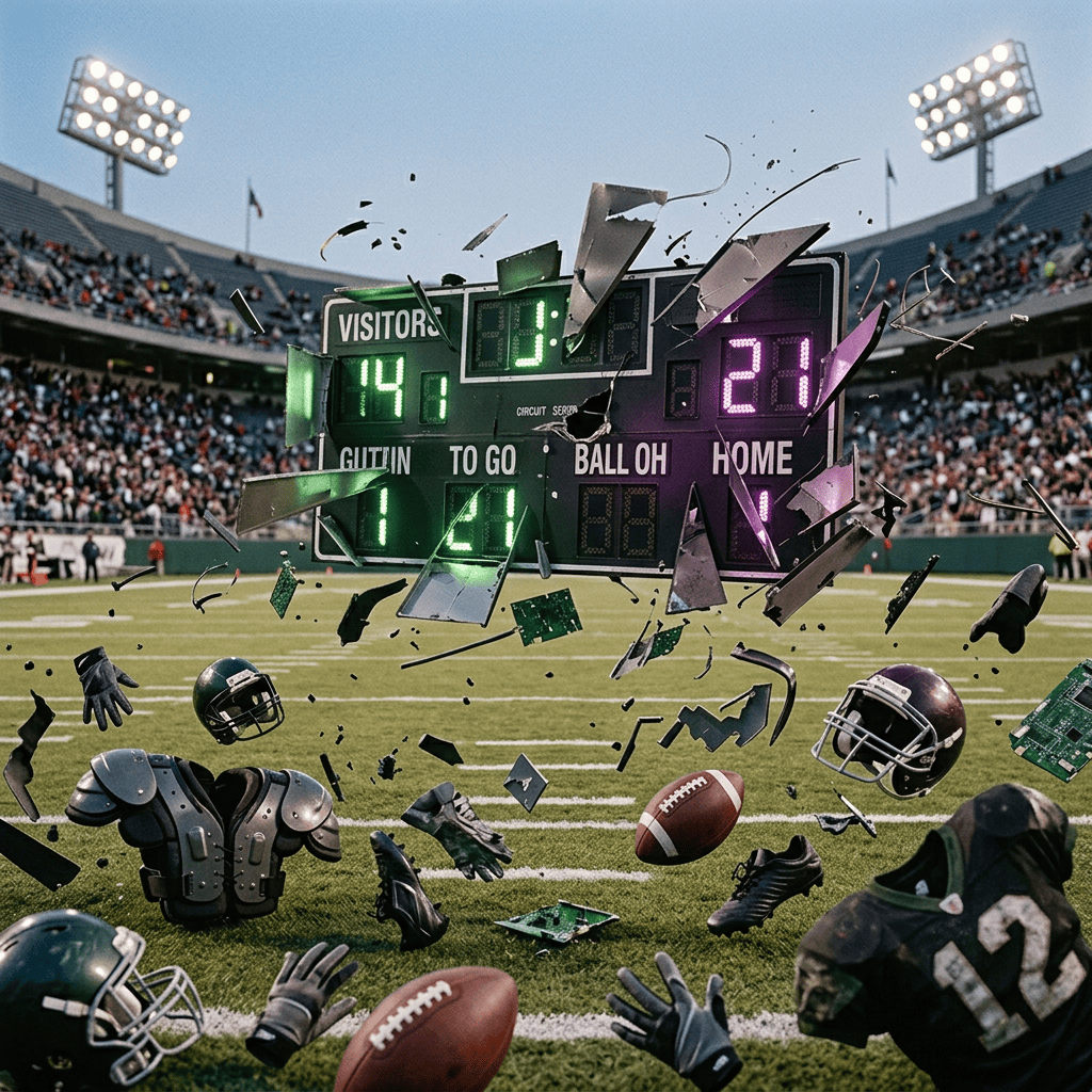 Stylized football stadium with neon green and purple energy swirling around gear